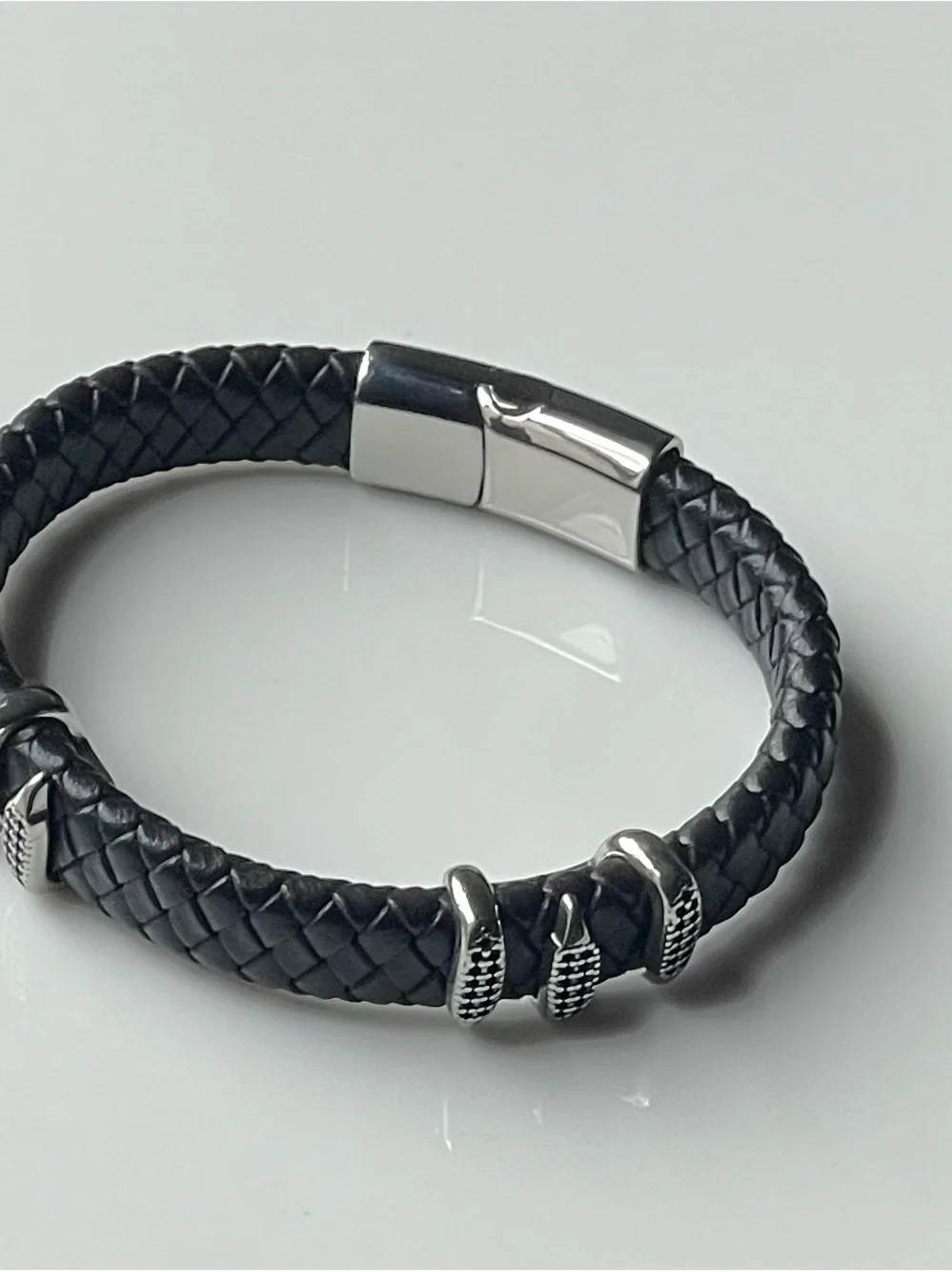 Men's Black Braided Leather Bracelet with Stainless Steel Clasp